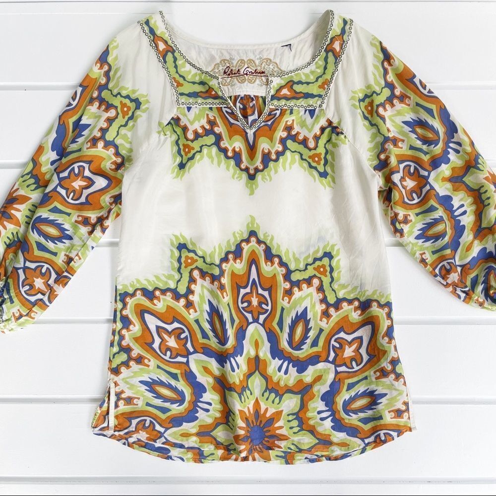 Robert Graham Silk Tunic Blouse Top With 3/4 Bell Sleeves Size Small